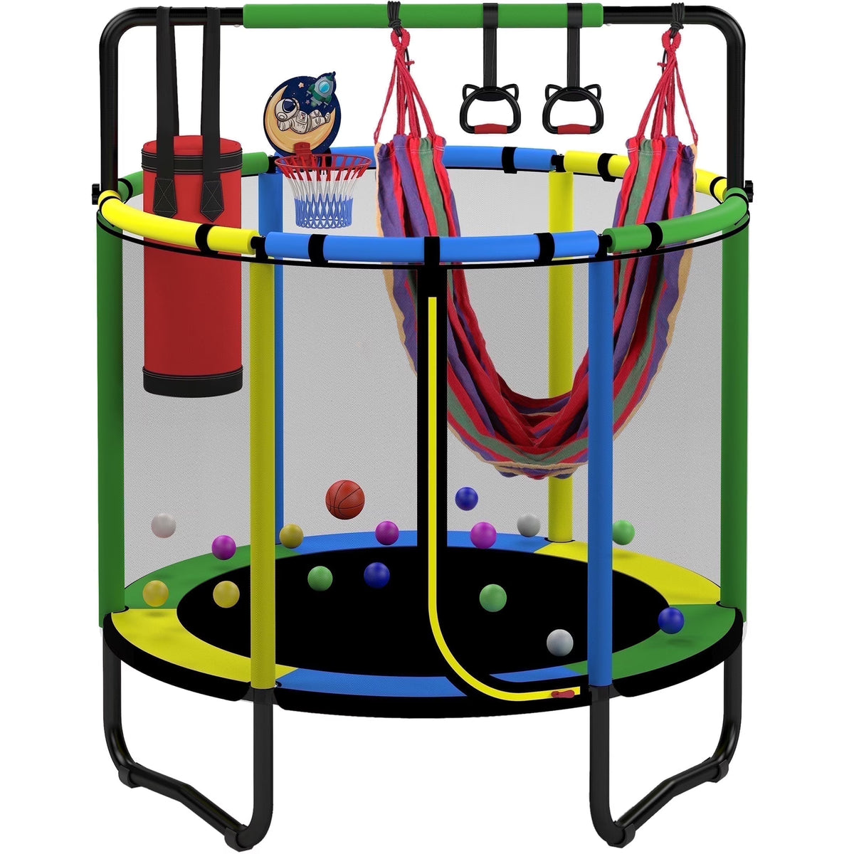 2026 NewMini Round Trampoline for Kids with Basketball Hoop, SEGMART 55'' Indoor Outdoor Toddler Trampoline with Enclosure Net, Swing, Sandbag, Ring, Ocean Balls, Small Trampoline Gift for Boys Girls, Blue