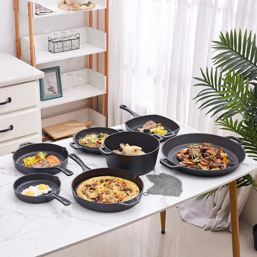 Bruntmor Pre-Seasoned Cast Iron Cookware Set - 8-Piece Bundle with Skillets, Grill Pan, Dutch Oven, Pizza Pan, and Utensils - Durable Pots and Pans Set for Cooking - Ideal Gift for Home or Camping
