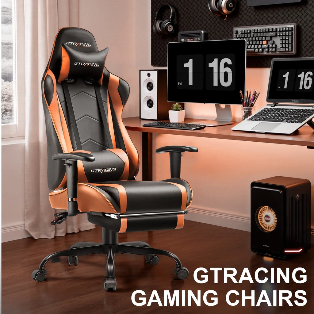 2026 NewGTRACING Gaming Chair, Ergonomic Office Desk Chair with Lumbar Support, PU Leather, Footrest & Adjustable Headrest, Red
