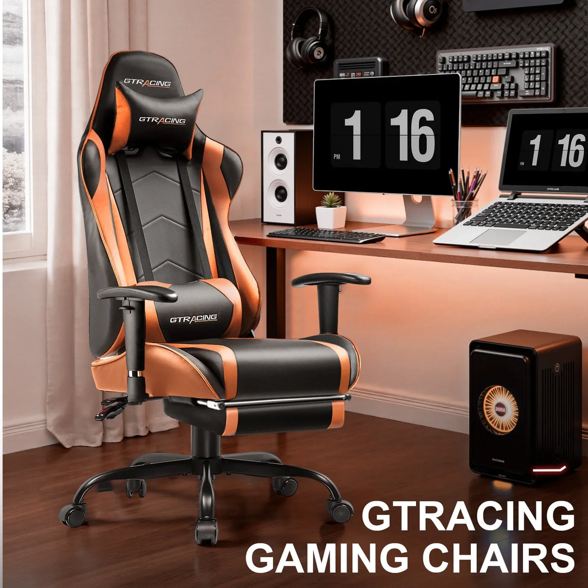 2026 NewGTRACING Gaming Chair, Ergonomic Office Desk Chair with Lumbar Support, PU Leather, Footrest & Adjustable Headrest, Red