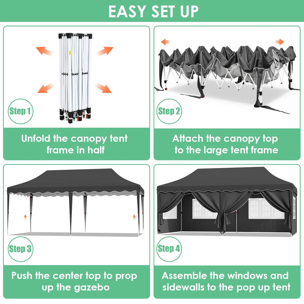 LAZY BUDDY 10'x20' Pop up Canopy Tent with 6 Sidewalls, Heavy Duty Outdoor Canopy Tent Commercial Instant Folding Sun Shelter for Party, Wedding, Camping