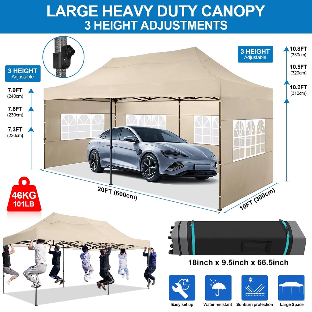 SANOPY 10'x20' Pop Up Canopy Waterproof Folding Tent Outdoor Easy Set-up Instant Tent Heavy Duty Commercial Wedding Party Shelter with 6 Removable Sidewalls, 4 Sandbags, Roller Bag, Black