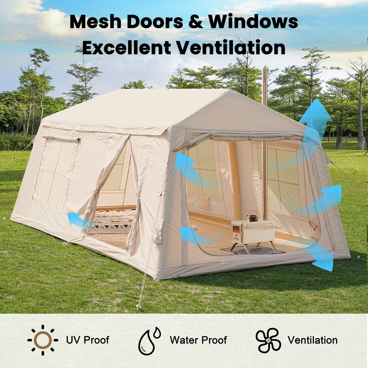 Slsy 4-6 Person Inflatable Camping Tents with Hand Pump & Carry Bag, Air Glamping Tents, Easy Setup Waterproof Windproof Blow up Tent, 4 Seasons Oxford Cabin Tent with Mesh & Chimney Window