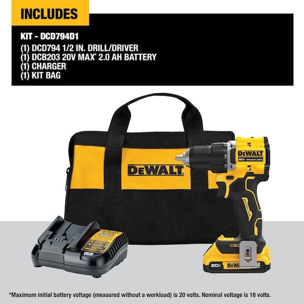 ATOMIC 20-Volt Lithium-Ion Cordless Compact 1/2 in. Drill/Driver Kit with 2.0Ah Battery, Charger and Bag