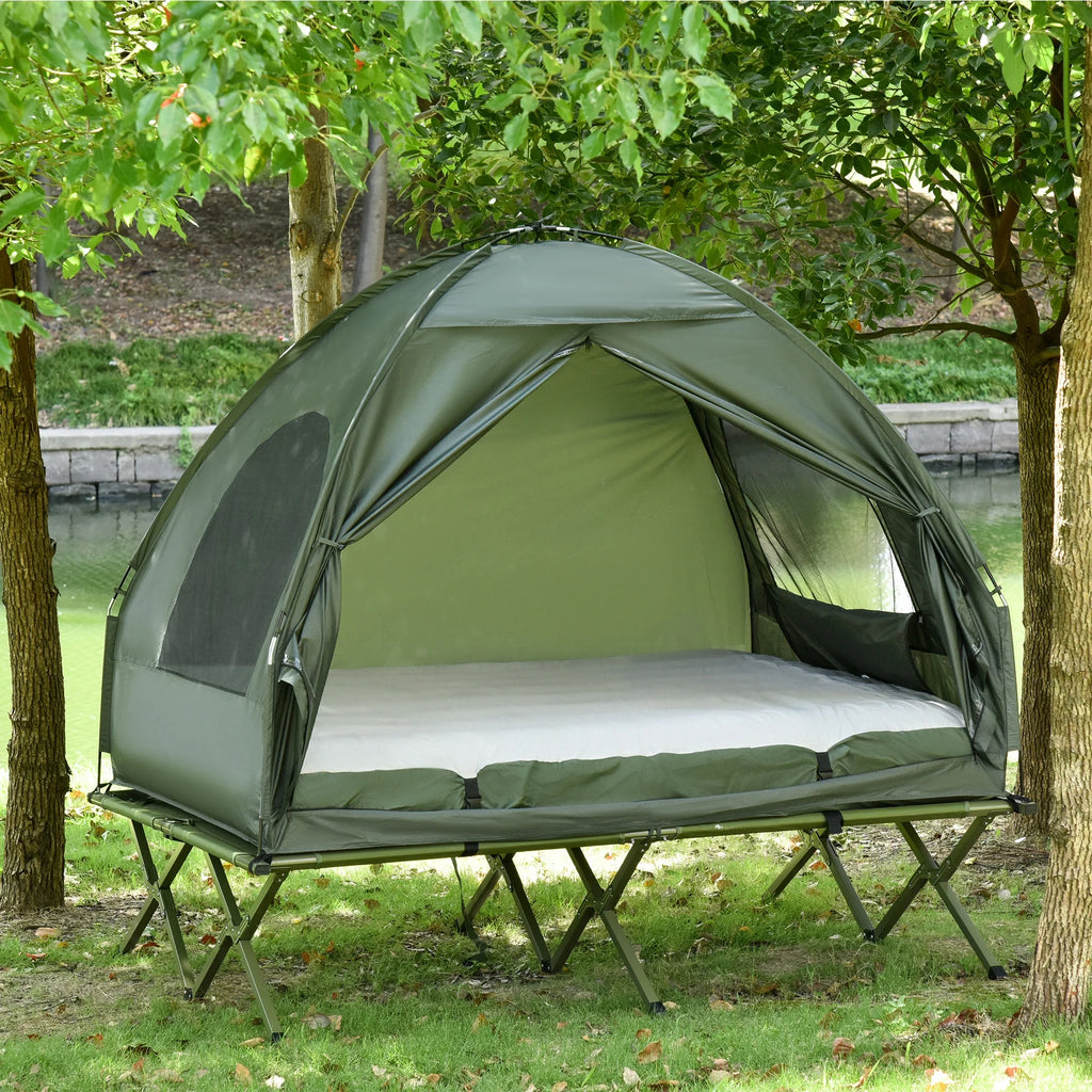 2 Person Foldable Camping Cot with Tent, Bedspread and Thick Air Mattress, 4-In-1 Elevated Camping Bed Tent for Outdoor Hiking, Picnic, Travel
