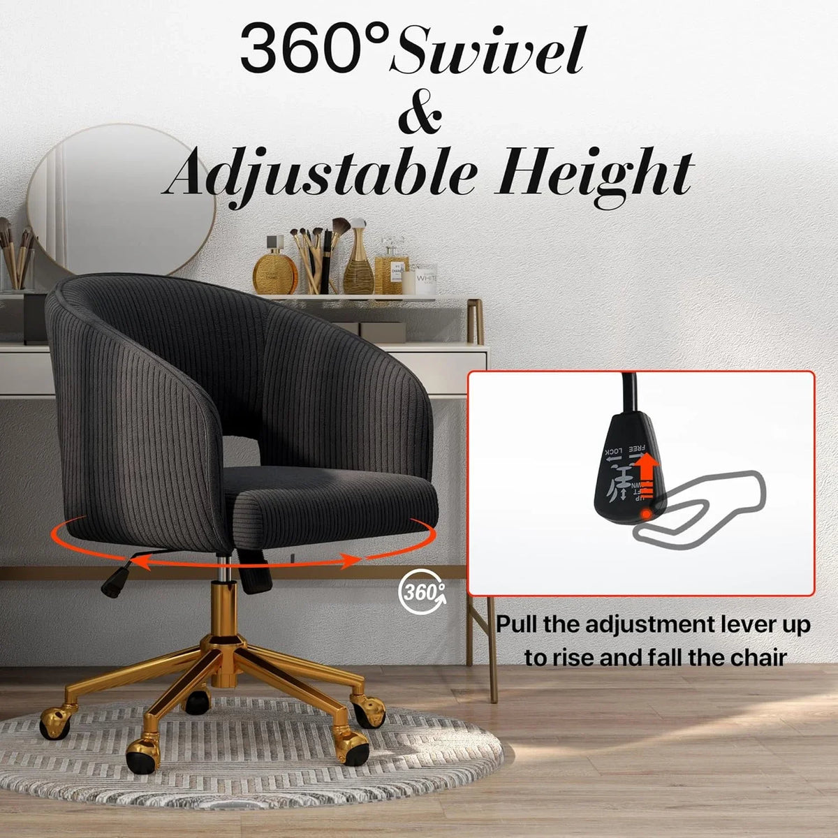 2026 NewHome Office Swivel Desk Chair, Modern Velvet Vanity Chair, Height Adjustable Armchair with Gold Base, Ergonomic Office Chair for Task Study Computer Room, Beige