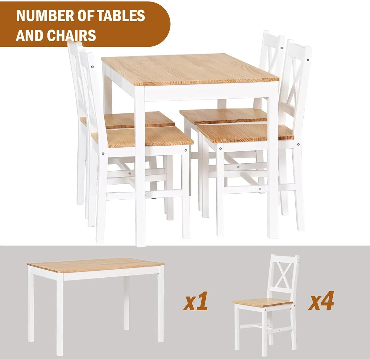 2026 NewSoges 5 Pieces Dining Table Set, Pine Wood Kitchen Dining Table with 4 Chairs, Wood Rectangular kitchen table and chairs for 4, Small Dining Set for Bar Dining Room Breakfast Nook, White and Gray