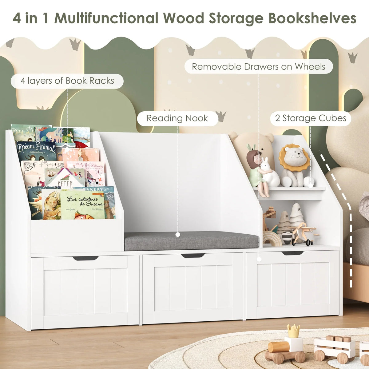2026 NewHomfa Kids Bookshelf with Reading Nook & 3 Movable Drawers, 2 Cube Bookcase with 4-Tier Book Racks, Toy Storage Organizer for Playroom Bedroom, White
