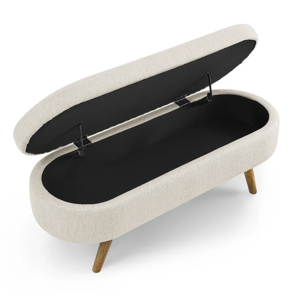 2026 New43.5" Oval Storage Ottoman Bench with Solid Wood Legs, Linen Fabric Upholstered Entryway Bench with Safety Hinge, Indoor Bench for End of Bed, Sofa Side, Entryway