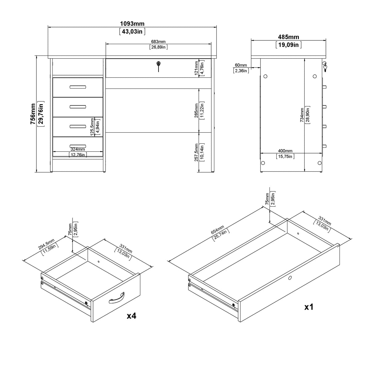 2026 NewTvilum Walden 5 Drawer Office Desk with 1 Locking Drawer for Adults, White