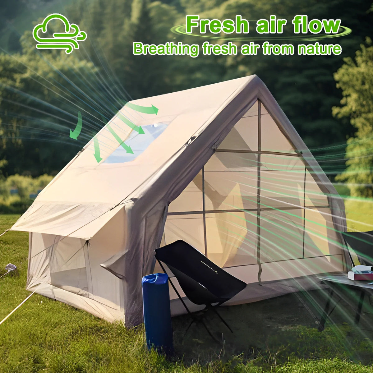 Wilitto Inflatable Tent for Camping, 1-6 Person Blow-up Air Tent, Easy Setup Waterproof Windproof Cabin Tent, 4 Seasons Family Glamping Tent House _Beige