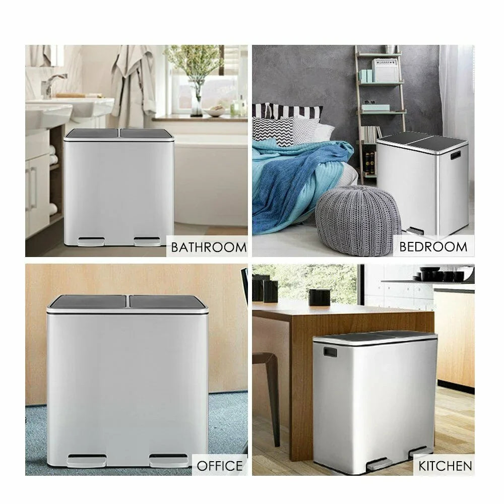 2026 NewLAZY BUDDY Dual Garbage Can, Stainless Steel 16 Gallon Step Kitchen Trash Can with Soft-Close Lid, Double Compartment Garbage Recycling Bin