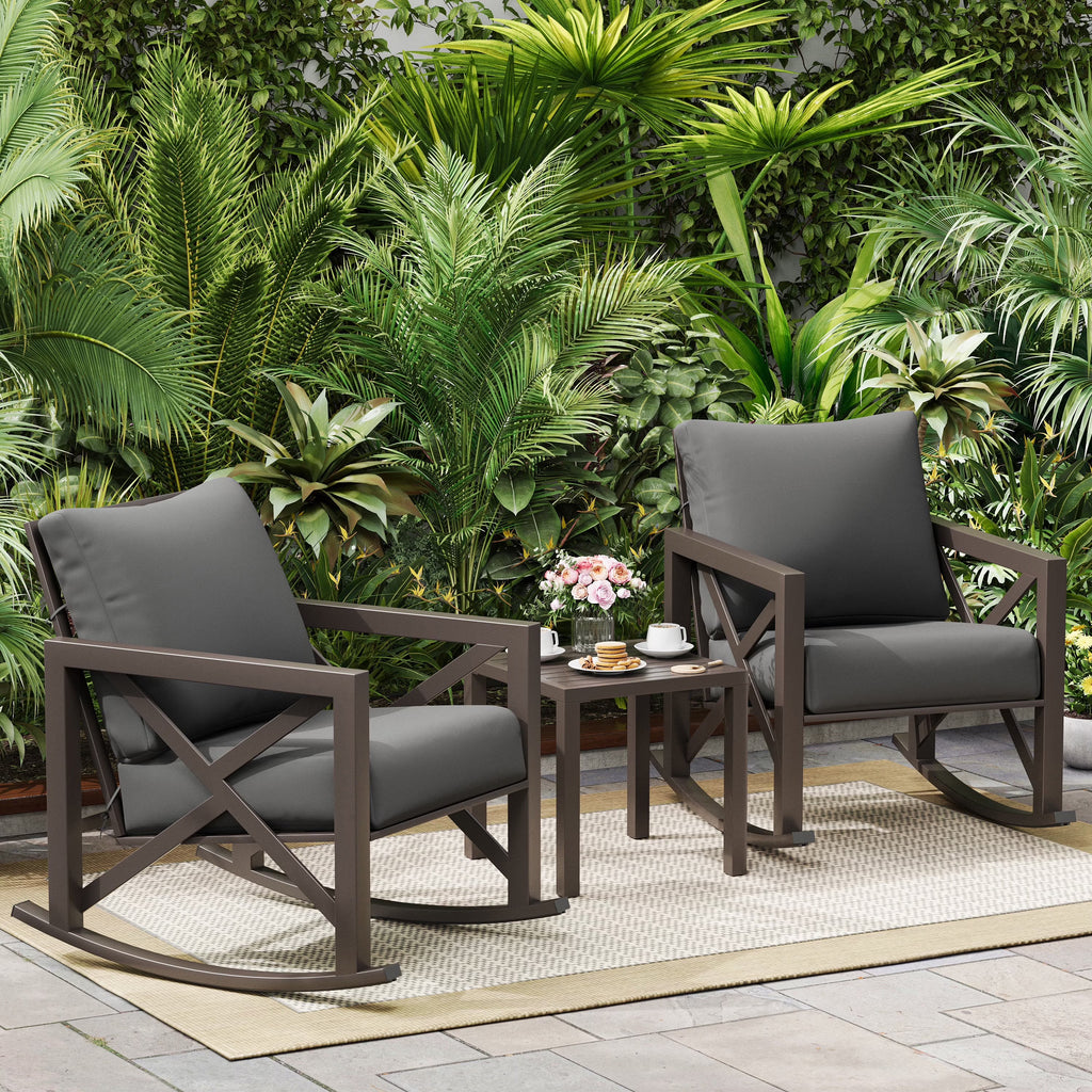 2026 NewMRUAKA Rocking Chair Bistro Set,3 Piece Outdoor Patio Furniture Set with 2 Rockers and 1 Metal Coffee Table with Thick Cushions for Porch,Backyard,Poolside,Beige
