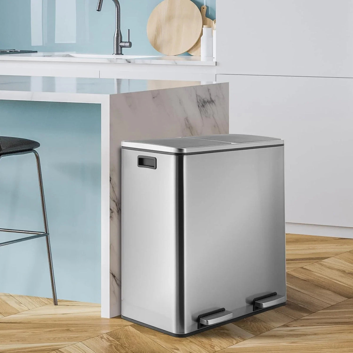 2026 NewLAZY BUDDY Dual Garbage Can, Stainless Steel 16 Gallon Step Kitchen Trash Can with Soft-Close Lid, Double Compartment Garbage Recycling Bin