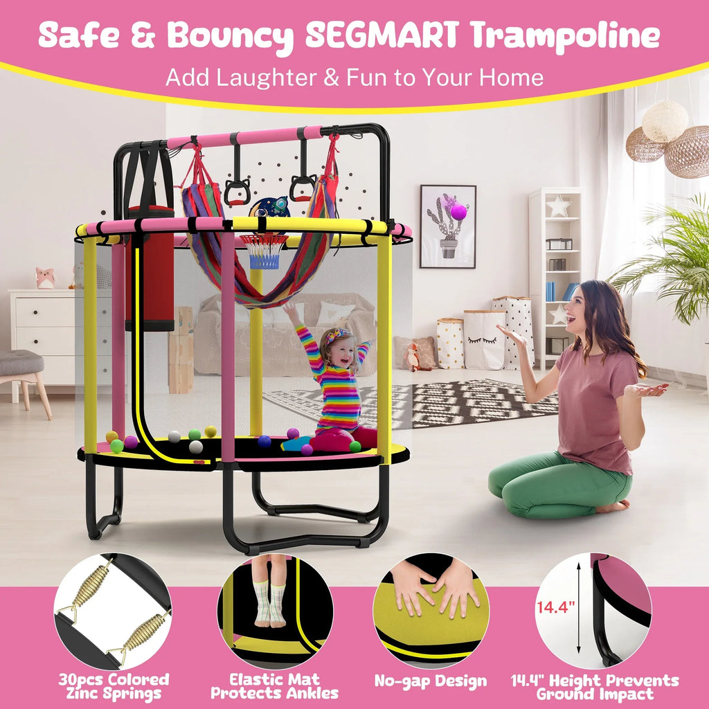 2026 NewMini Round Trampoline for Kids with Basketball Hoop, SEGMART 55'' Indoor Outdoor Toddler Trampoline with Enclosure Net, Swing, Sandbag, Ring, Ocean Balls, Small Trampoline Gift for Boys Girls, Blue