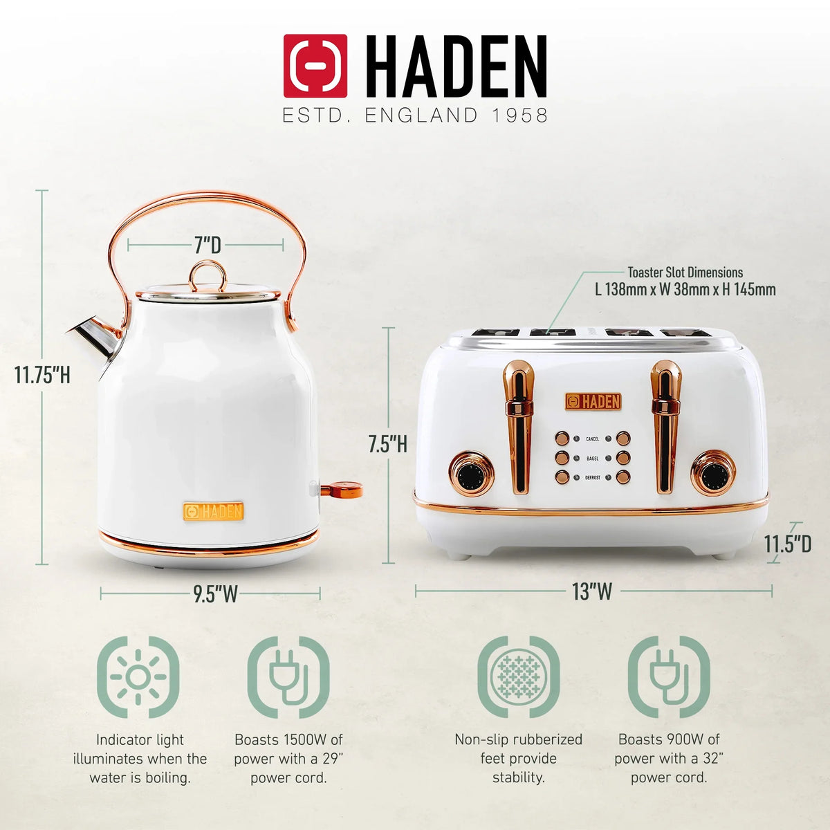 2026 NewHaden Heritage 1500 1.7 Electric Kettle, Matte Black Finish with Copper Accents