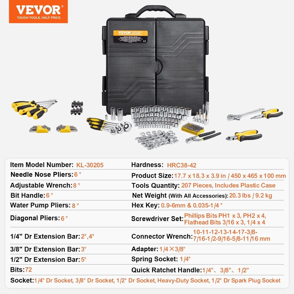 VEVOR 207-Piece Mechanics Tool Set, 1/4" 3/8" 1/2" Drive Sockets, SAE and Metric Mechanic Tool Kit with Bits, Wrenches, Ratchet Handle, Accessories, and Plastic Storage Case, for Automotive Repair