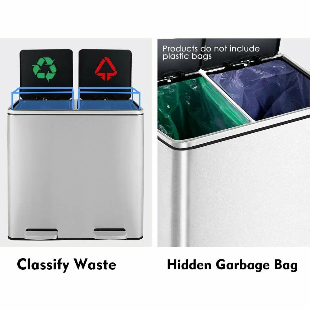 2026 NewLAZY BUDDY Dual Garbage Can, Stainless Steel 16 Gallon Step Kitchen Trash Can with Soft-Close Lid, Double Compartment Garbage Recycling Bin