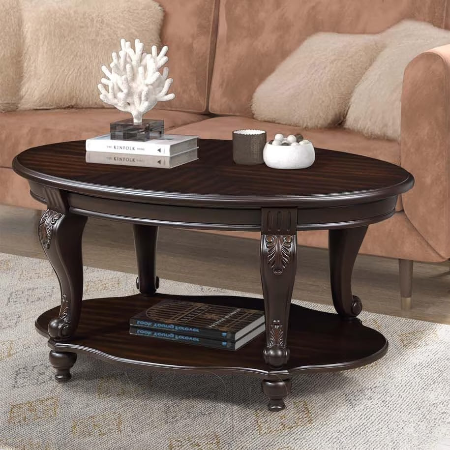 2026 New42" Oval Coffee Table with Storage Shelf, 2-Tier Solid Wood Cocktail Tea Table, Traditional Retro Center Table for Living Room, Bearing 400LBS, Cherry