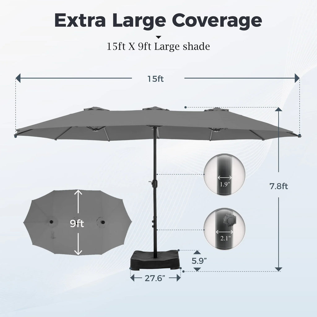2026 NewAlpha Joy 15ft Outdoor Patio Umbrella Extra-Large Double-Sided Garden Umbrella with Crank Handle and Base - Smoky Gray