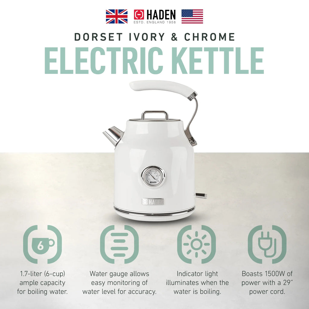 2026 NewHaden Dorset 1.7 Liter Electric Water Kettle with Base, Putty & Chrome