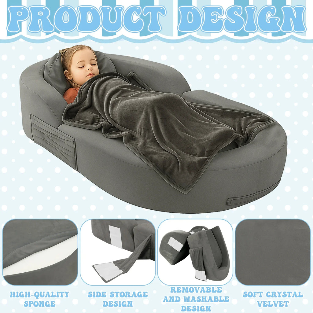 2026 NewCoumy Toddler Travel Bed 2-in-1 Kids Sofa Chair with Removable Cover, Soft Foam Portable Foldable Toddler Bed for Travel with Carrying Bag, Blue