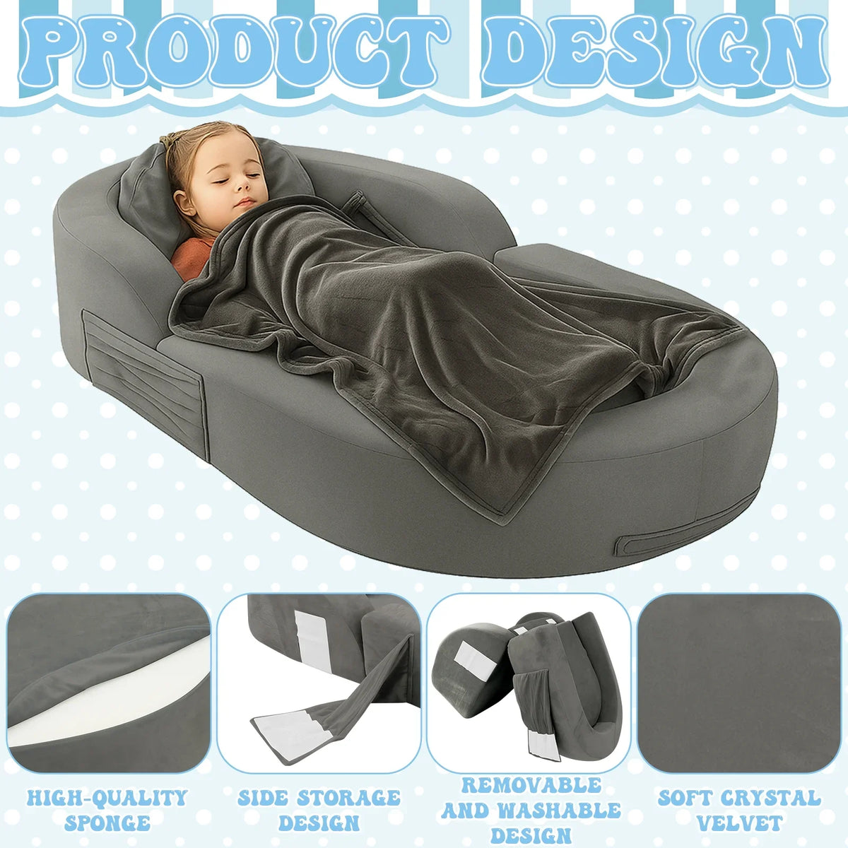 2026 NewCoumy Toddler Travel Bed 2-in-1 Kids Sofa Chair with Removable Cover, Soft Foam Portable Foldable Toddler Bed for Travel with Carrying Bag, Blue
