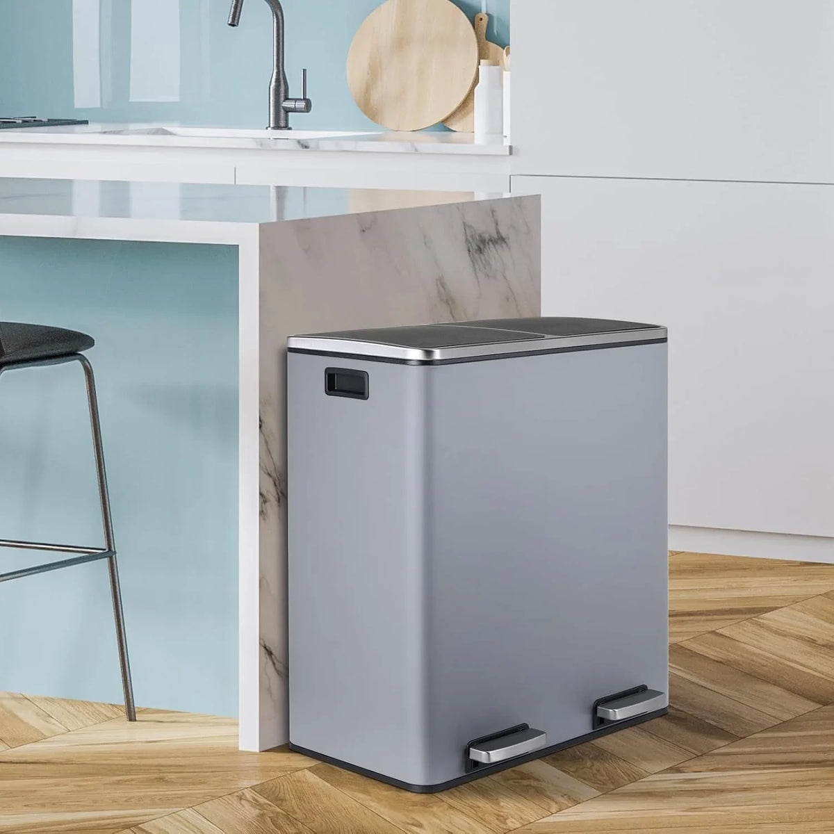 2026 NewLAZY BUDDY Dual Garbage Can, Stainless Steel 16 Gallon Step Kitchen Trash Can with Soft-Close Lid, Double Compartment Garbage Recycling Bin