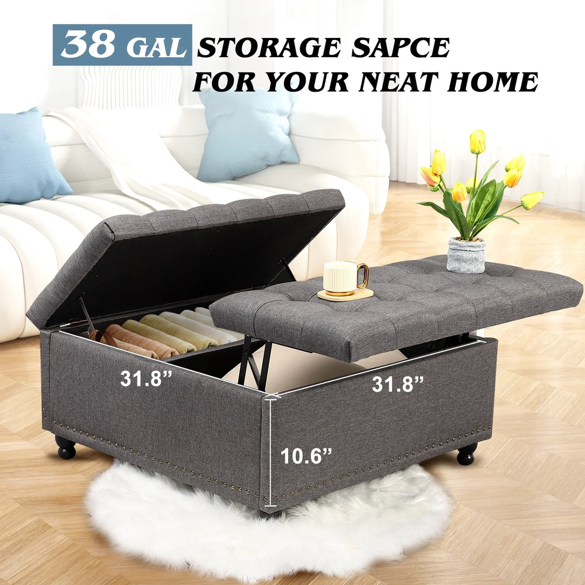 2026 NewMagic Union 35" Large Square Storage Ottoman, Oversized Square Ottoman with Storage, Tufted Upholstered Ottoman Coffee Table with Lift Top for Living Room (Beige)