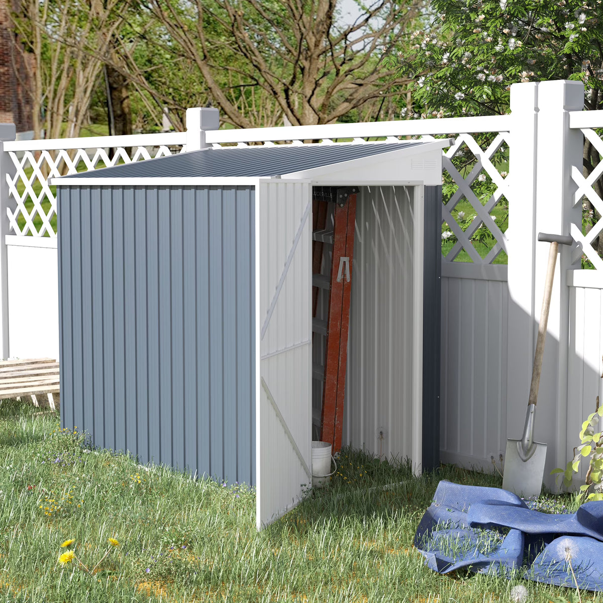 2026 NewOutsunny 4' x 7.6' Storage Shed, Galvanized, Locking, Gray