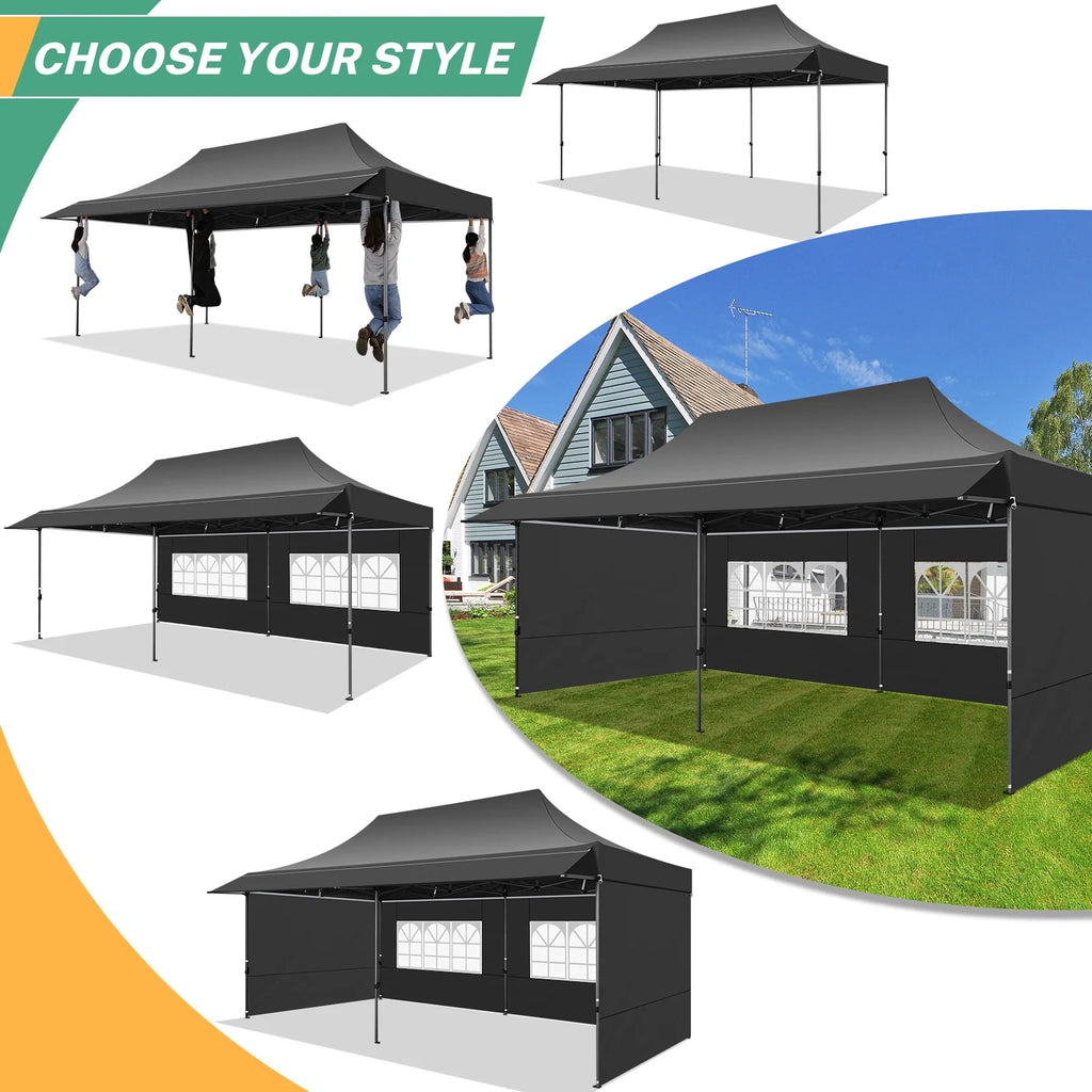 COBIZI 10x20 Pop Up Canopy Heavy Duty Party Tent with Removable Awning and Sidewalls,Easy Up Outdoor Wedding Canopy,Gazebo All Season Windproof&Waterproof with Roller Bag UPF 50+,Black
