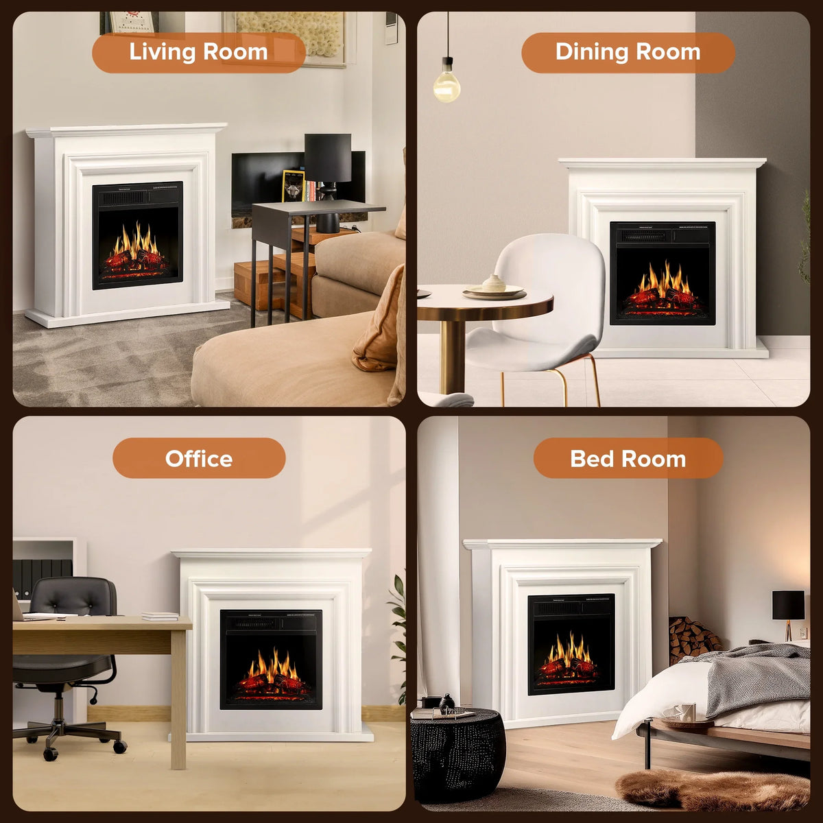 2026 NewKISSAIR Electric Fireplace Mantel Wooden Surround Firebox, Free Standing Fireplace, with Remote Control, Adjustable LED Flame, 750W/1500W -White