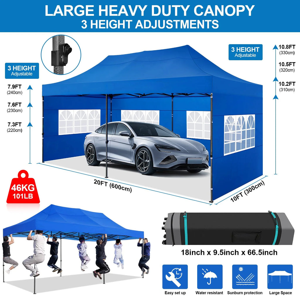 SANOPY 10'x20' Pop Up Canopy Waterproof Folding Tent Outdoor Easy Set-up Instant Tent Heavy Duty Commercial Wedding Party Shelter with 6 Removable Sidewalls, 4 Sandbags, Roller Bag, Black
