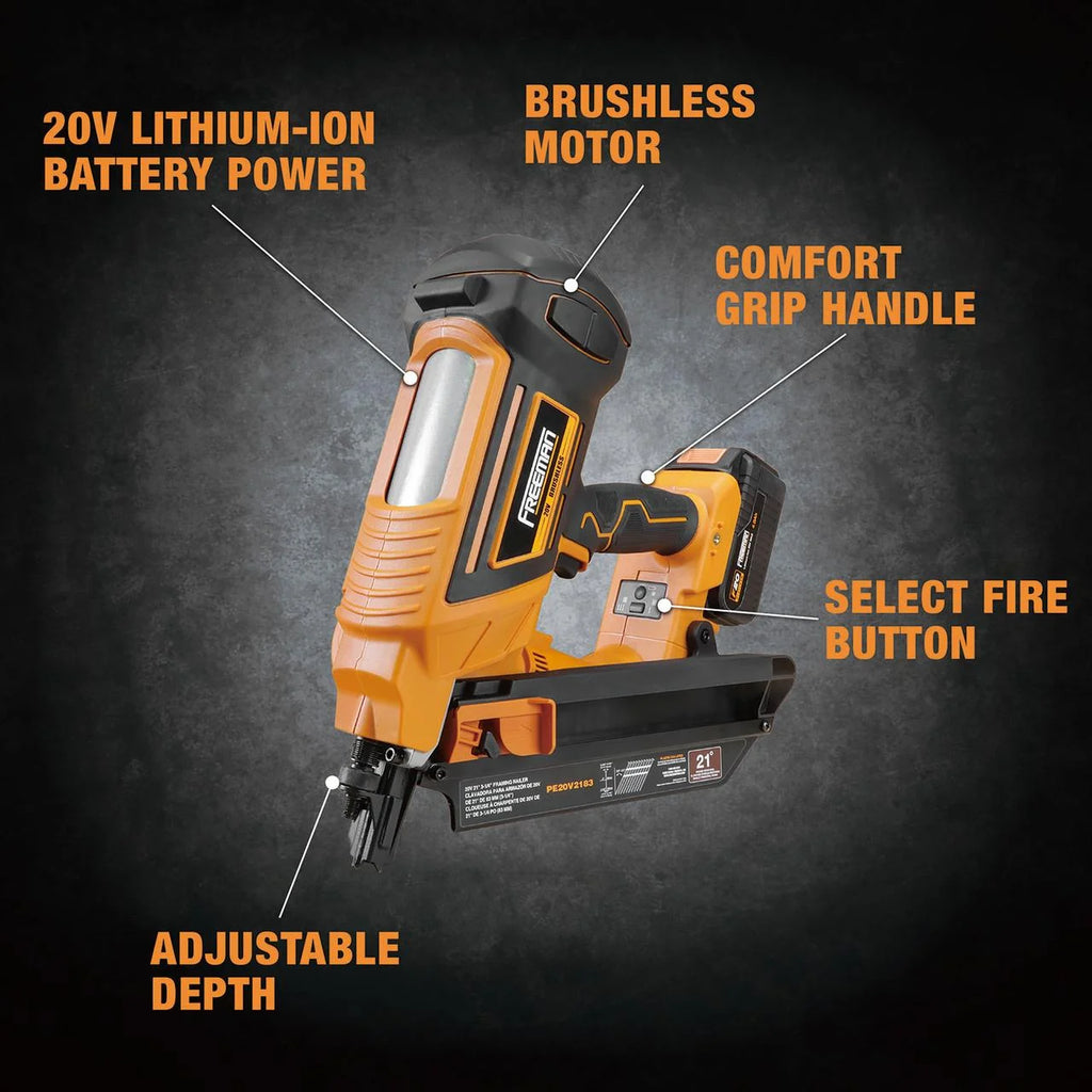 Freeman PE20V2183 20 Volt Cordless and Brushless 21 Degree 3-1/4" Framing Nailer Kit with Lithium Ion Battery, Charger, and Bag -C 750 Shots per Charge