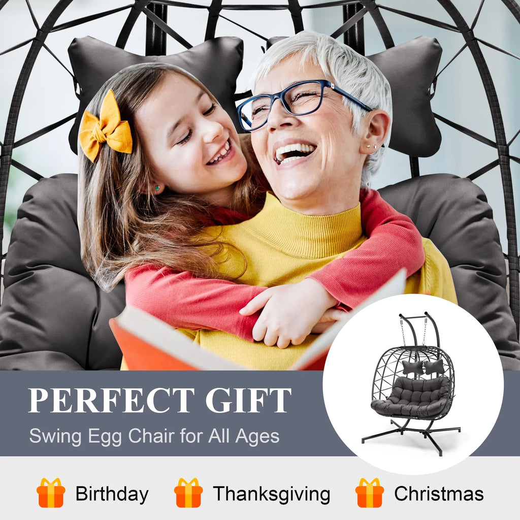 2026 NewRADIATA Double Wicker Egg Swing Chair with Stand, 2-Person Hanging Egg Chair for Indoor/Outdoor, 700lbs Capacity, Thick Cushions & Headrest,Sturdy Metal Frame"Dark Gray