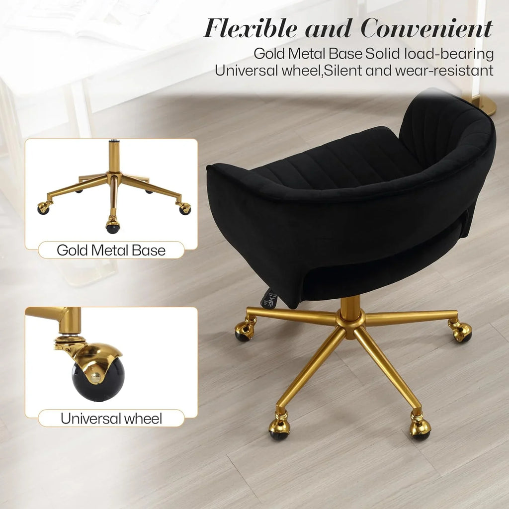2026 NewHome Office Swivel Desk Chair, Modern Velvet Vanity Chair, Height Adjustable Armchair with Gold Base, Ergonomic Office Chair for Task Study Computer Room, Beige