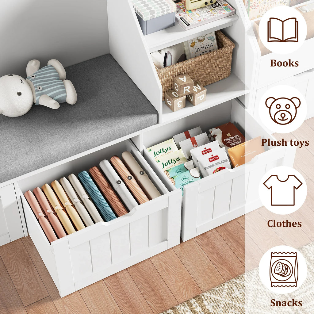 2026 NewHomfa Kids Bookshelf with Reading Nook & 3 Movable Drawers, 2 Cube Bookcase with 4-Tier Book Racks, Toy Storage Organizer for Playroom Bedroom, White