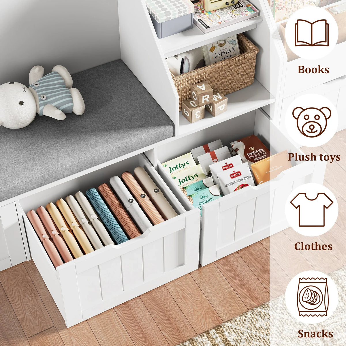 2026 NewHomfa Kids Bookshelf with Reading Nook & 3 Movable Drawers, 2 Cube Bookcase with 4-Tier Book Racks, Toy Storage Organizer for Playroom Bedroom, White