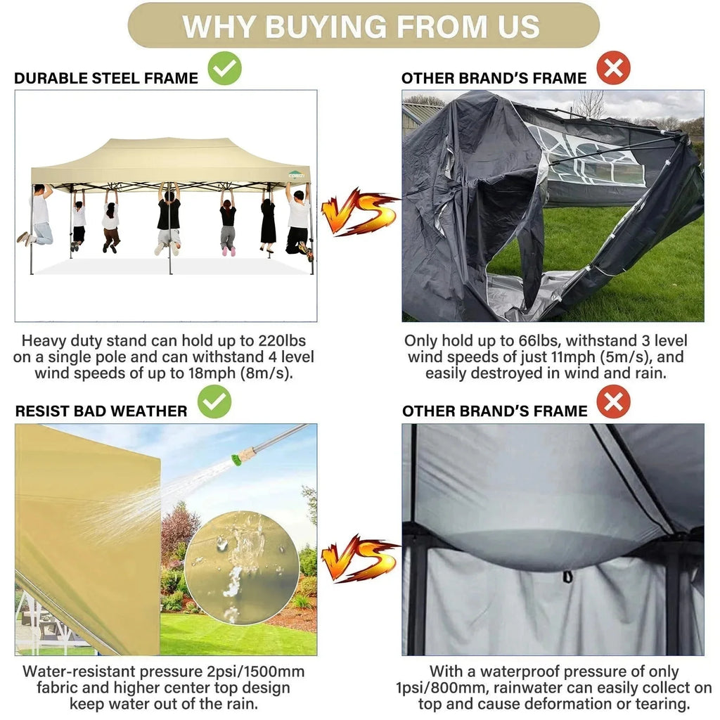 COBIZI 10x20 Heavy Duty Pop up Canopy Tent with 6 sidewalls Easy Up Commercial Outdoor Canopy Wedding Party Tent for Beach All Season Wind & Waterproof Gazebo with Roller Bag,Black(Frame Thickened)