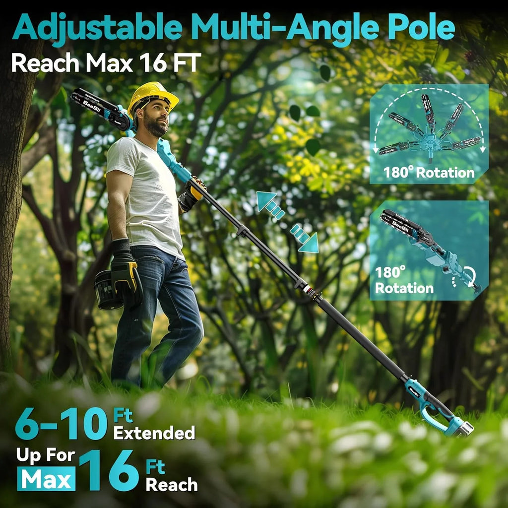 2026 NewSeesii 2-in-1 Cordless Pole Saw, 8 Inch Brushless Mini Chainsaw with Extension Pole, 16ft Max Pole Saws with 2x 21V Batteries for Tree Trimming, Branches Pruning, Wood Cutting