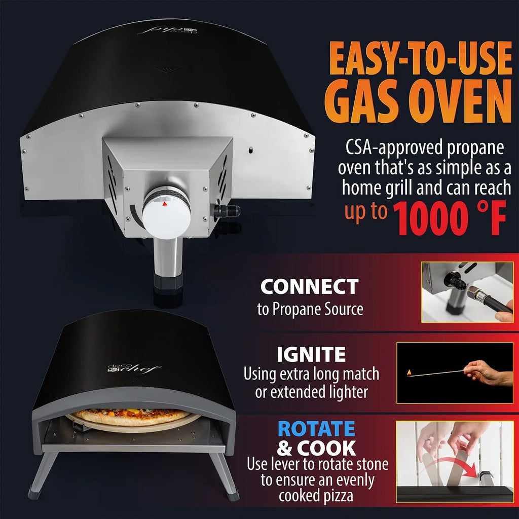 2026 NewDeco Chef Outdoor Gas Pizza Oven, Portable Collapsable Design, Hassle-Free Self-Rotating Baking Stone, Black