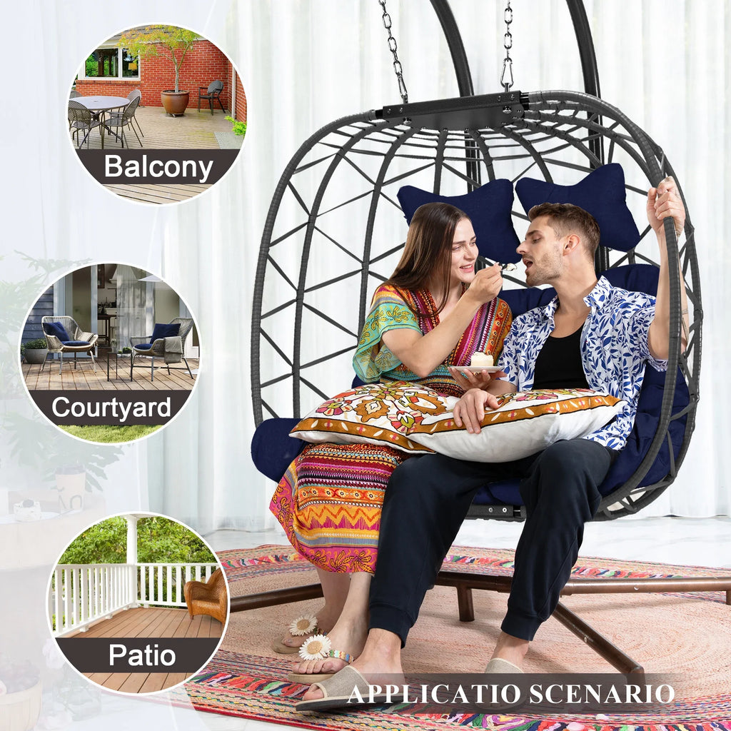 2026 NewRADIATA Double Wicker Egg Swing Chair with Stand, 2-Person Hanging Egg Chair for Indoor/Outdoor, 700lbs Capacity, Thick Cushions & Headrest,Sturdy Metal Frame"Dark Gray