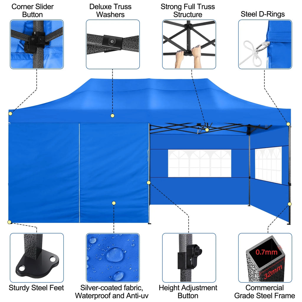 SANOPY 10'x20' Pop Up Canopy Waterproof Folding Tent Outdoor Easy Set-up Instant Tent Heavy Duty Commercial Wedding Party Shelter with 6 Removable Sidewalls, 4 Sandbags, Roller Bag, Black