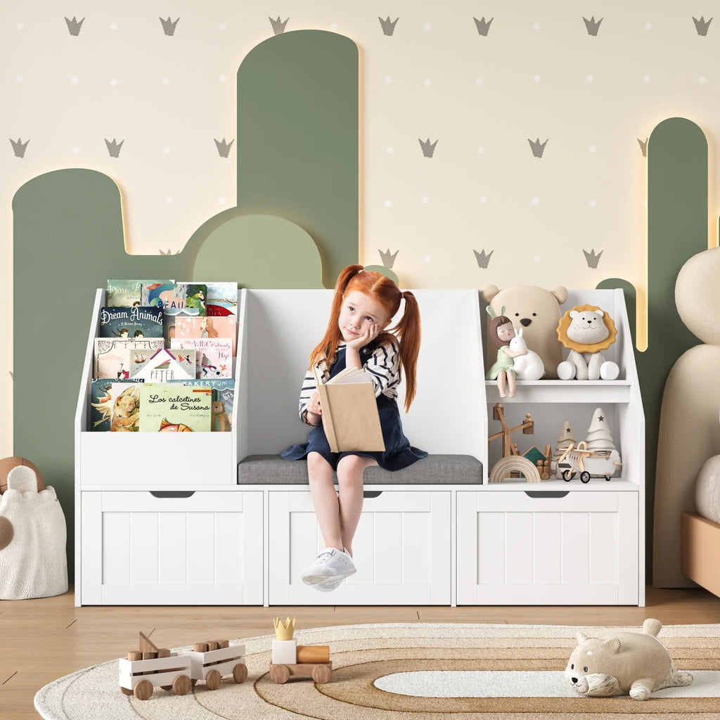 2026 NewHomfa Kids Bookshelf with Reading Nook & 3 Movable Drawers, 2 Cube Bookcase with 4-Tier Book Racks, Toy Storage Organizer for Playroom Bedroom, White