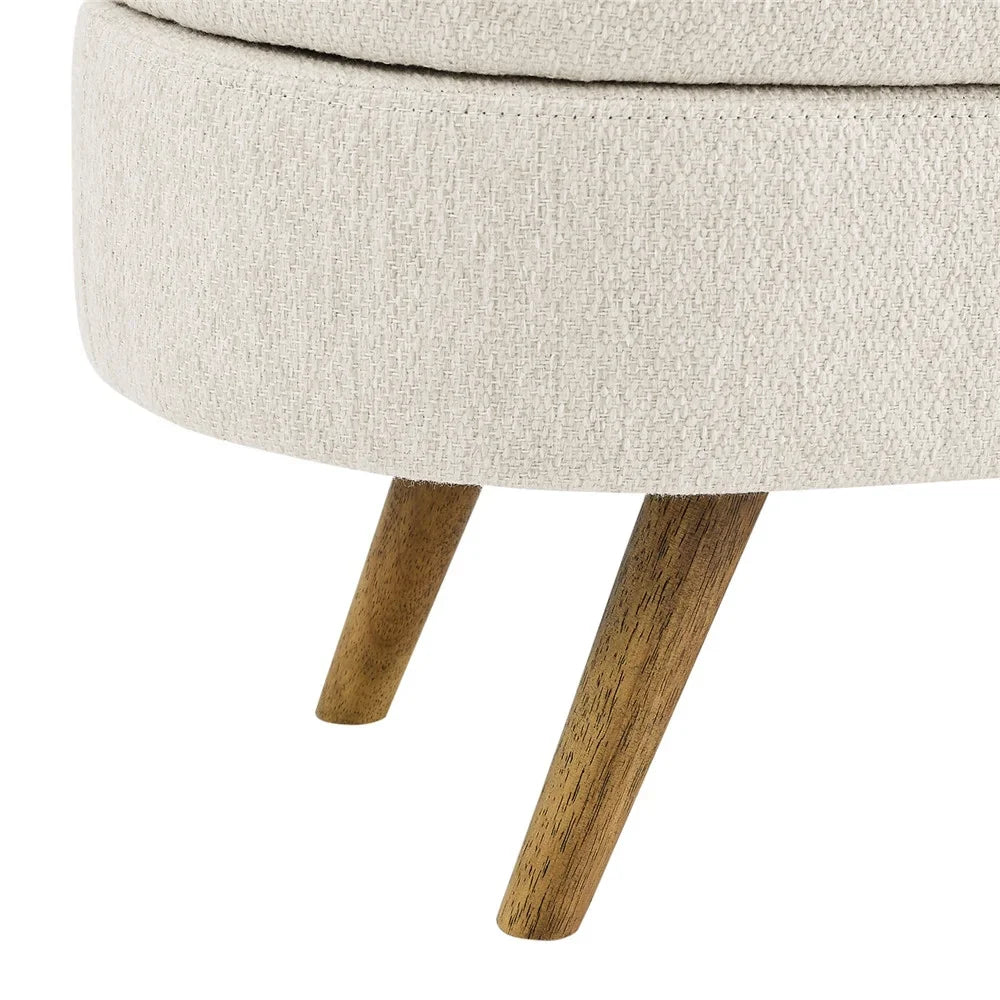 2026 New43.5" Oval Storage Ottoman Bench with Solid Wood Legs, Linen Fabric Upholstered Entryway Bench with Safety Hinge, Indoor Bench for End of Bed, Sofa Side, Entryway