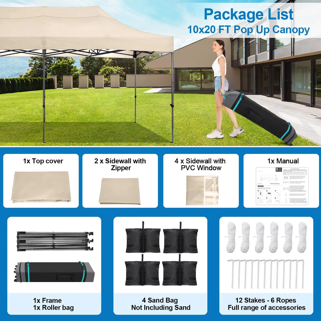 SANOPY 10'x20' Pop Up Canopy Waterproof Folding Tent Outdoor Easy Set-up Instant Tent Heavy Duty Commercial Wedding Party Shelter with 6 Removable Sidewalls, 4 Sandbags, Roller Bag, Black