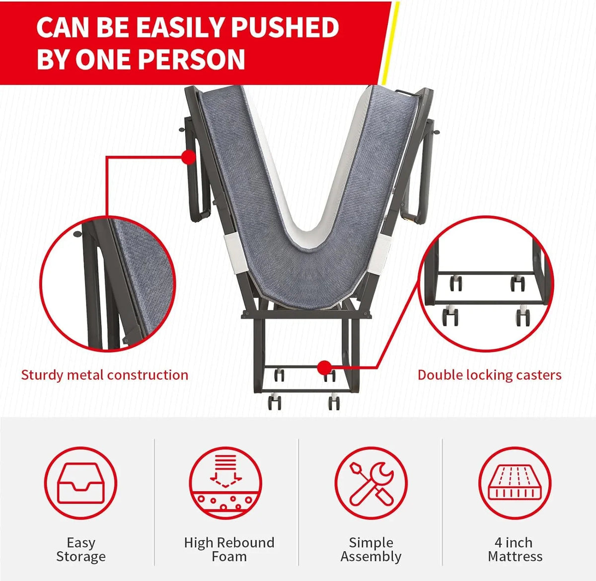 2026 NewPuremind Folding Bed with 4 Inch Foam Mattress, 75" x 31" Rollaway Bed for Adults, Portable Bed with Lockable Wheels, Easy Assembly & Moving, Standard