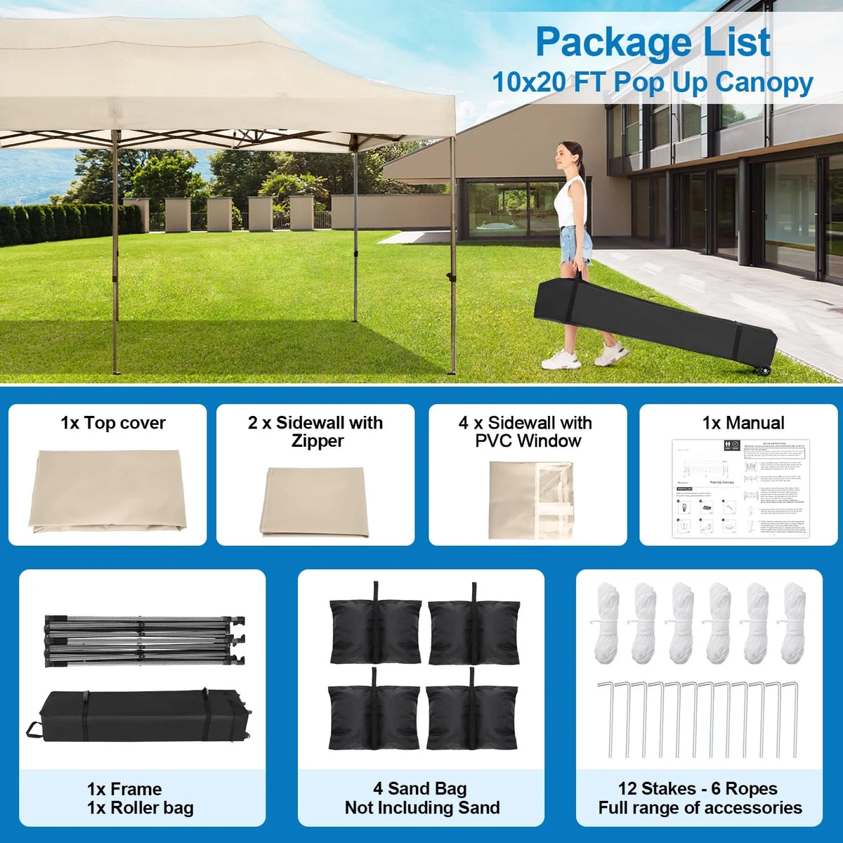 10'x20' Pop Up Canopy Waterproof Folding Tent Outdoor Easy Set-up Instant Tent Heavy Duty Commercial Wedding Party Shelter with 6 Removable Sidewalls, 4 Sandbags, Roller Bag, Khaki