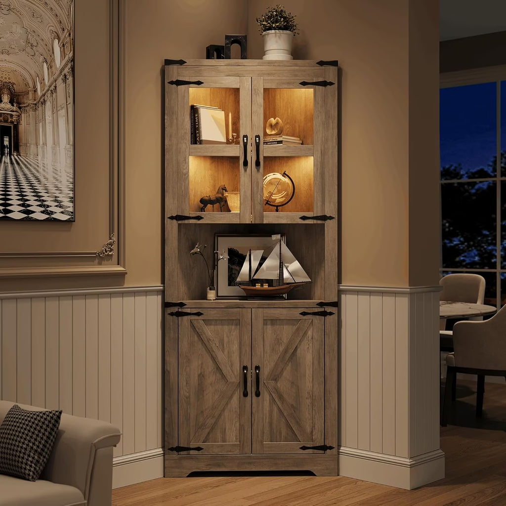 2026 New67" Tall Corner Storage Cabinet with Lights, Farmhouse Corner Hutch Display Cabinet with Glass Doors, Wooden Storage Organizer for Kitchen, Living Room, Bathroom, Washed Grey