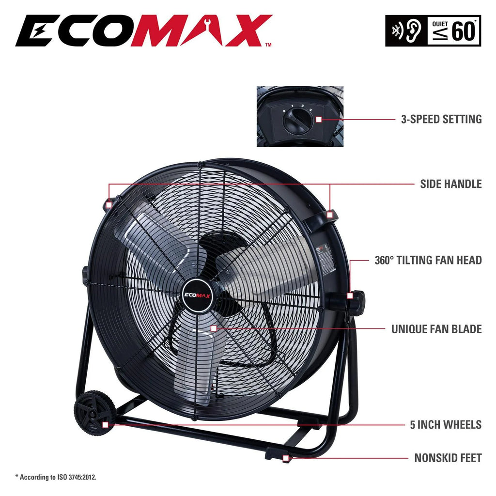 2026 NewEcomax 24 Inch High Velocity Drum Floor Fan. Industrial. 3-Speed. Adjustable Tilt